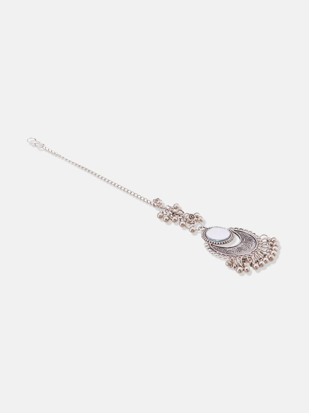 ATIBELLE Silver-Plated Mirror Stones-Studded and Beaded Maang Tikka