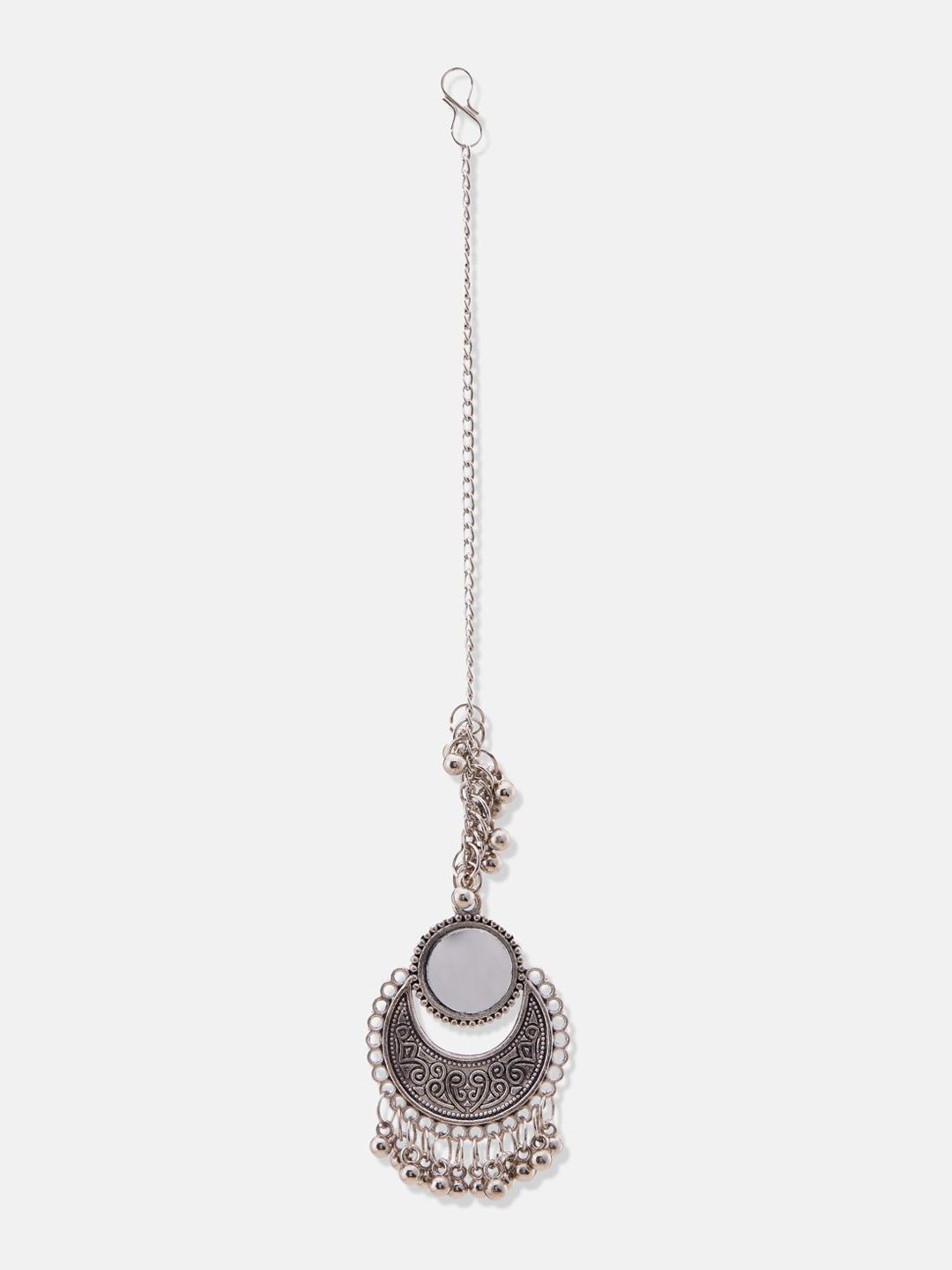 ATIBELLE Silver-Plated Mirror Stones-Studded and Beaded Maang Tikka