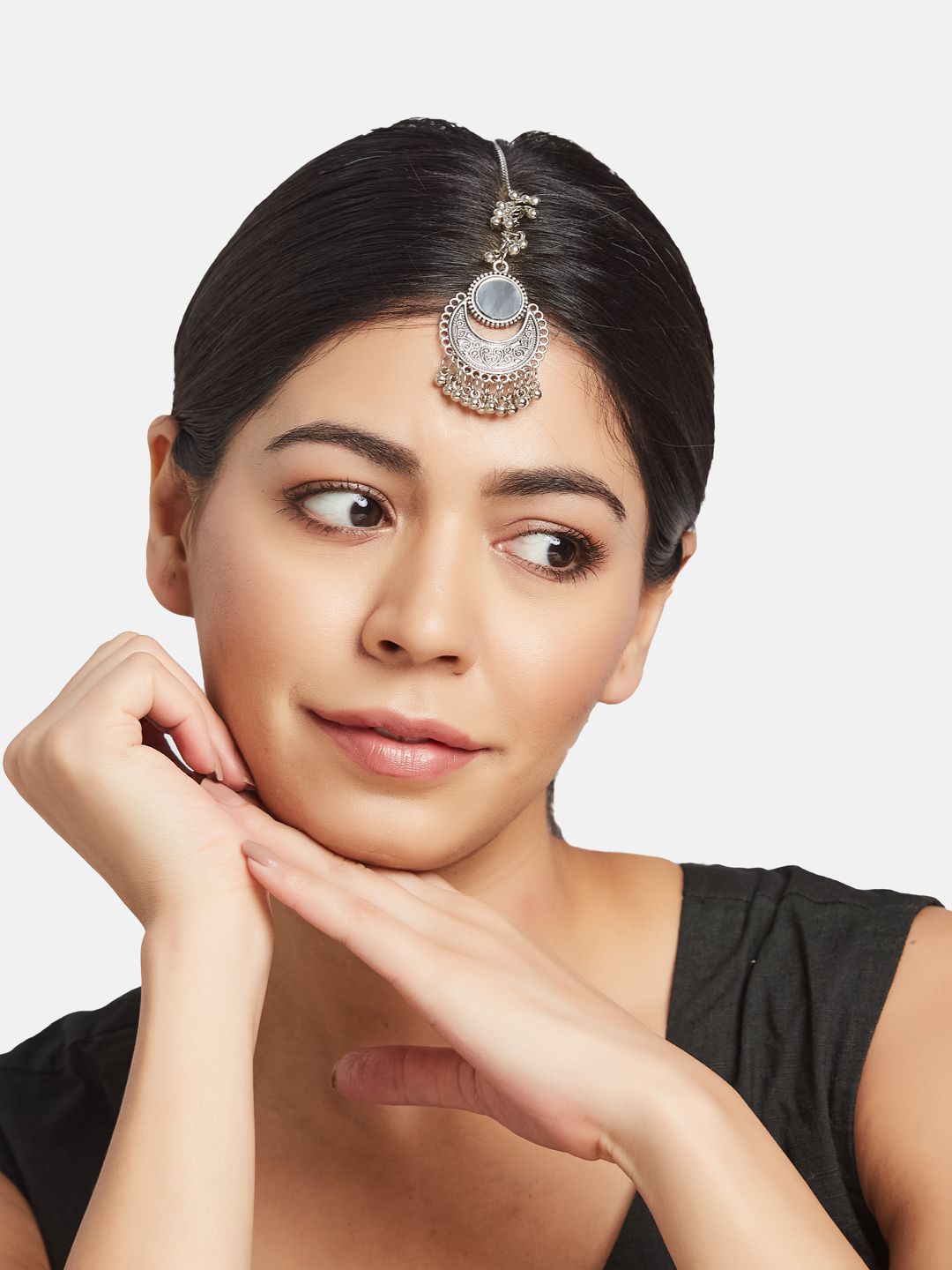 ATIBELLE Silver-Plated Mirror Stones-Studded and Beaded Maang Tikka