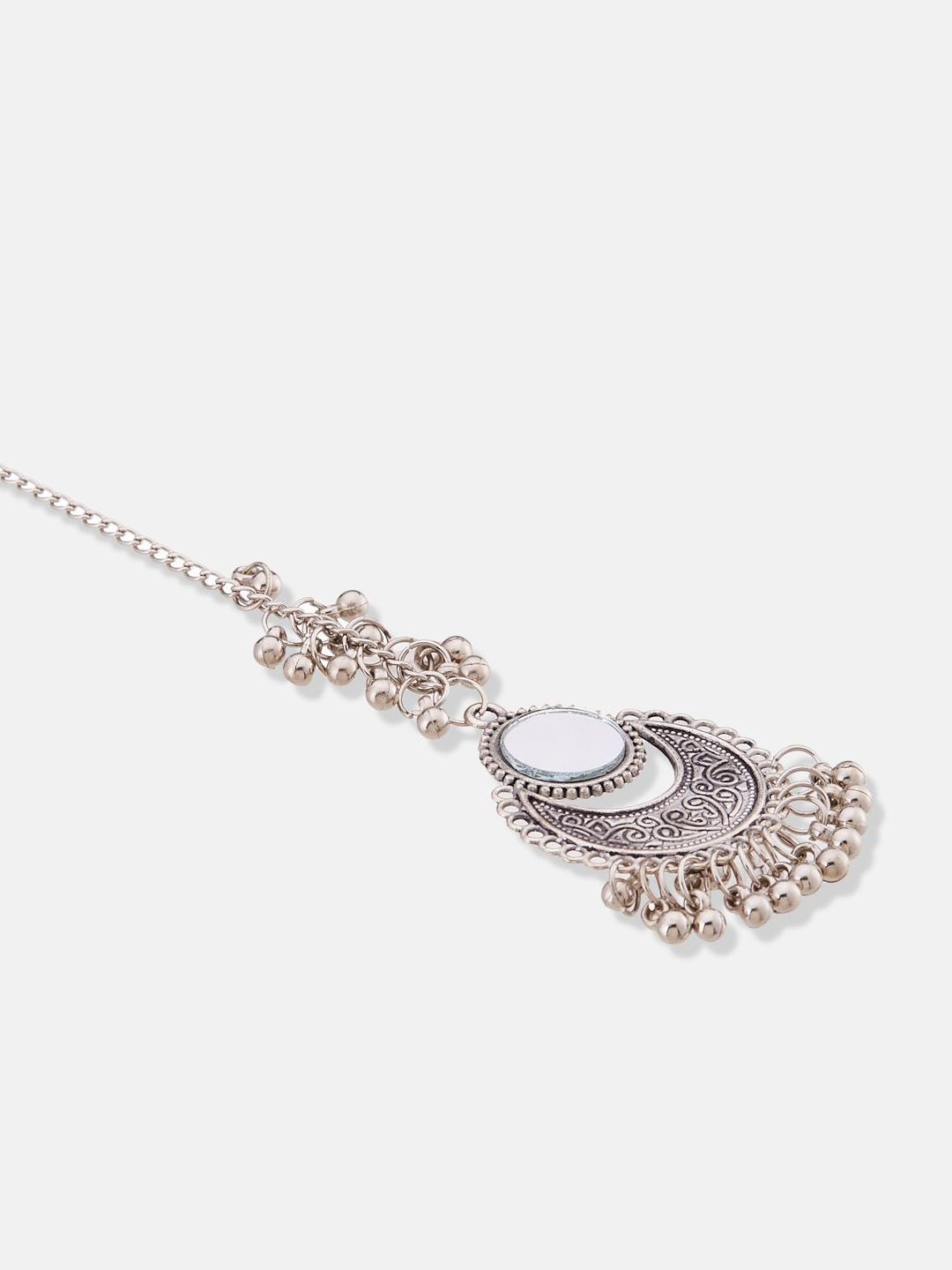 ATIBELLE Silver-Plated Mirror Stones-Studded and Beaded Maang Tikka