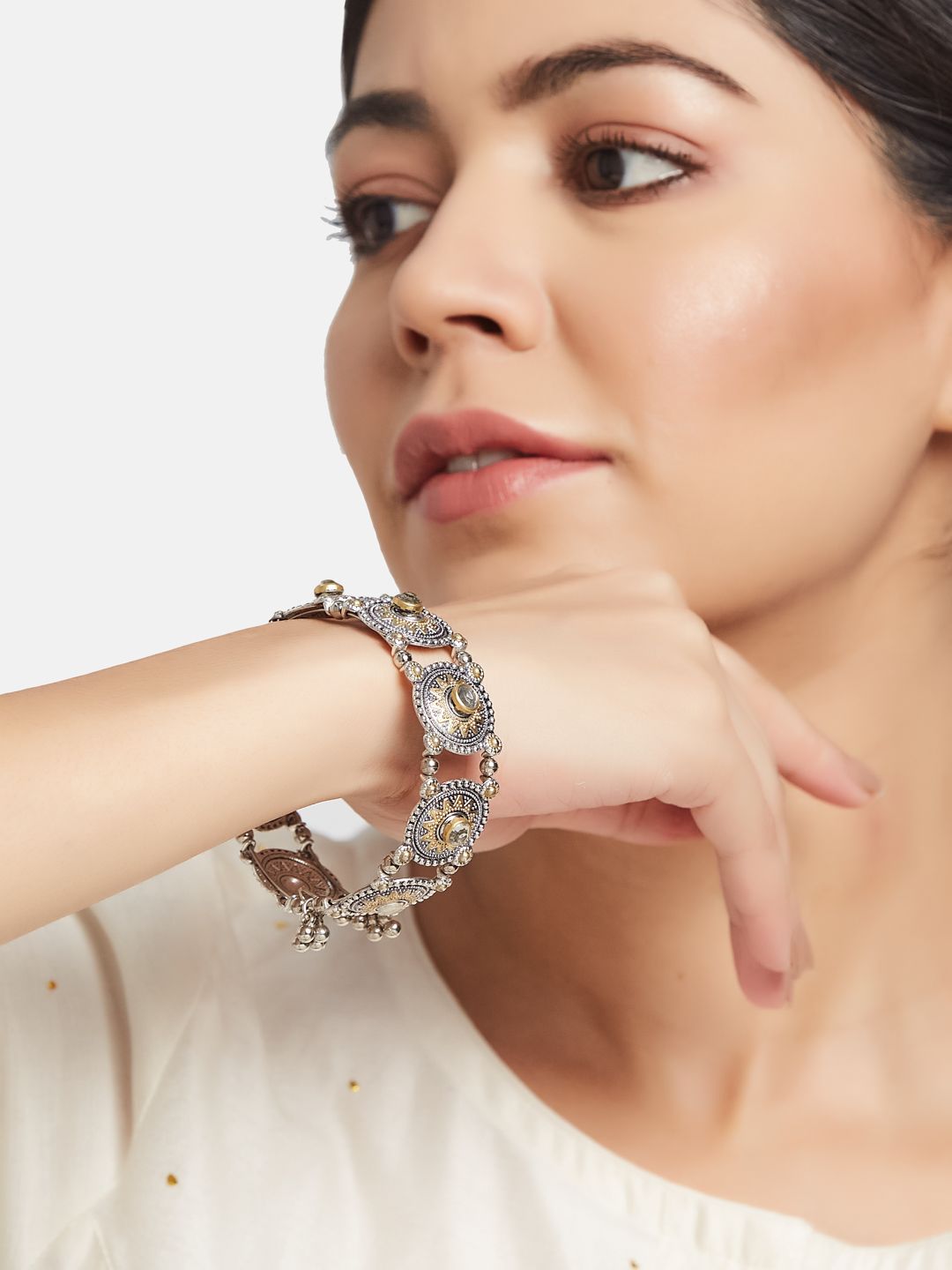 ATIBELLE Silver-Plated Kundan Studded Bangle-Style Bracelet