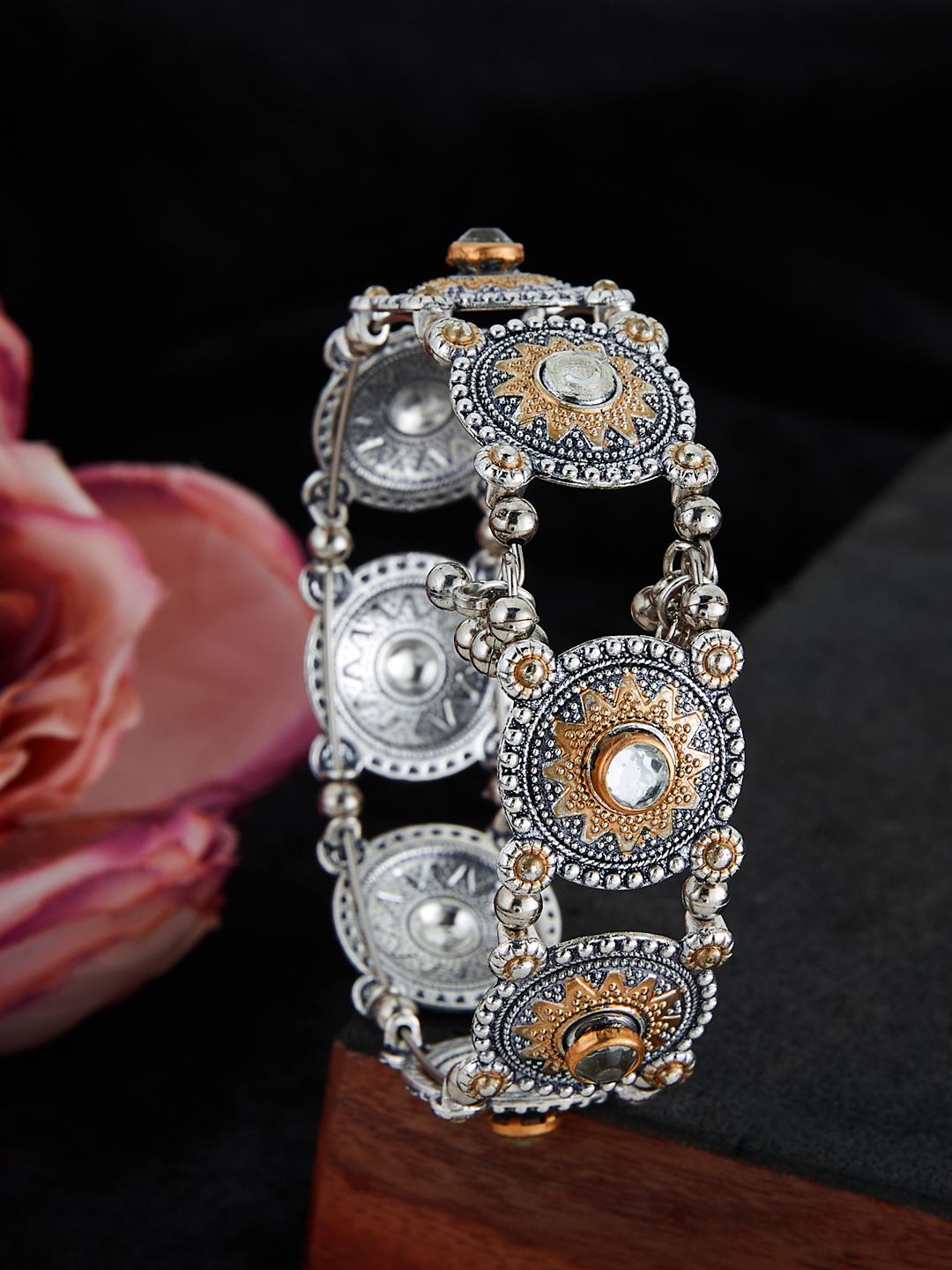 ATIBELLE Silver-Plated Kundan Studded Bangle-Style Bracelet