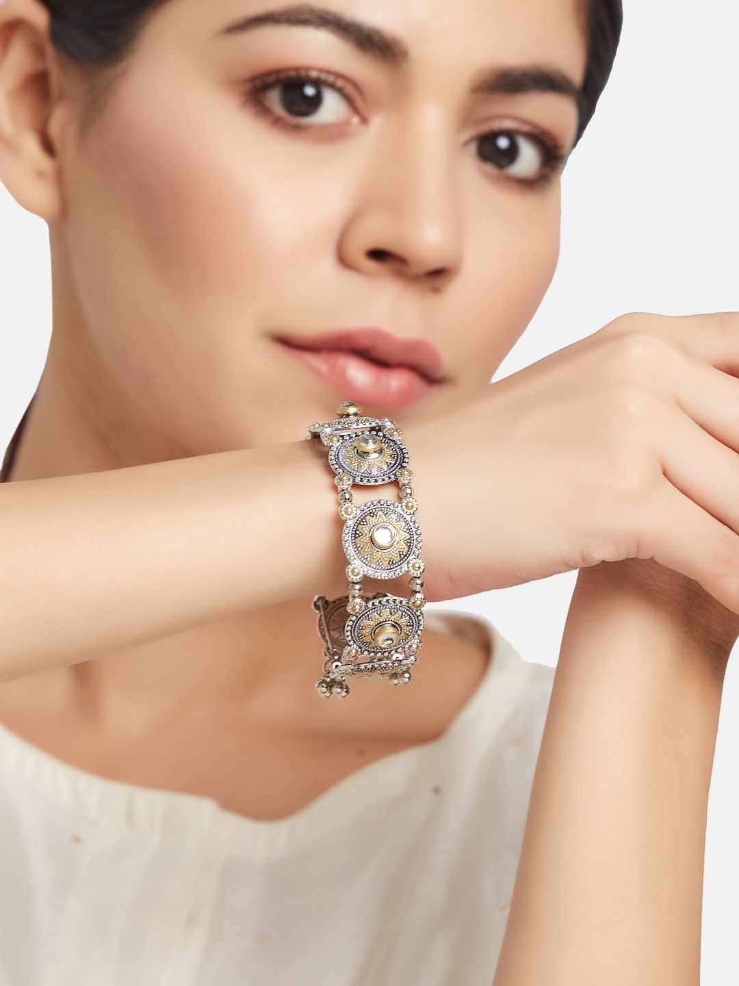 ATIBELLE Silver-Plated Kundan Studded Bangle-Style Bracelet