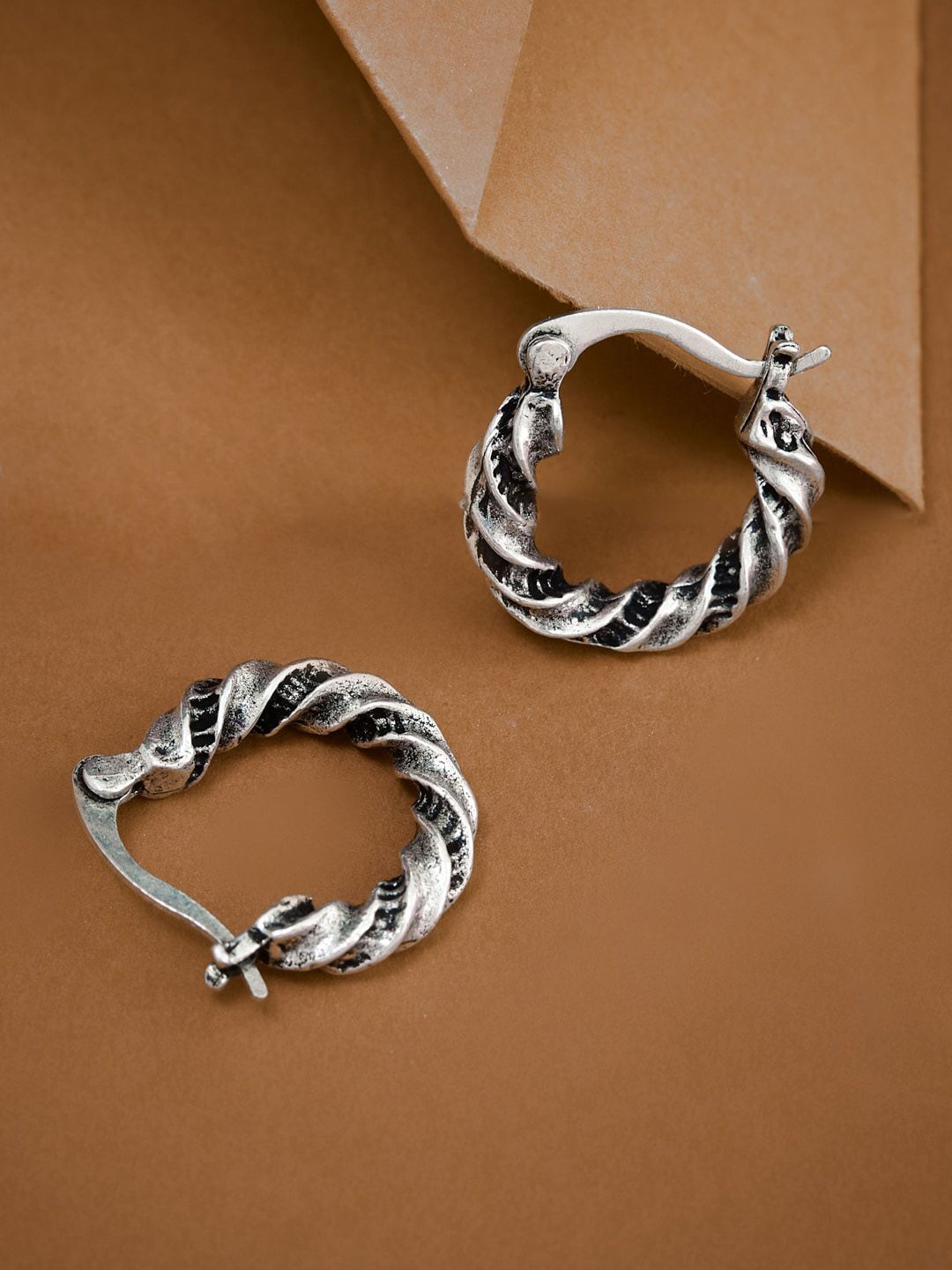 ATIBELLE Silver-Plated Contemporary Oxidised Hoop Earrings