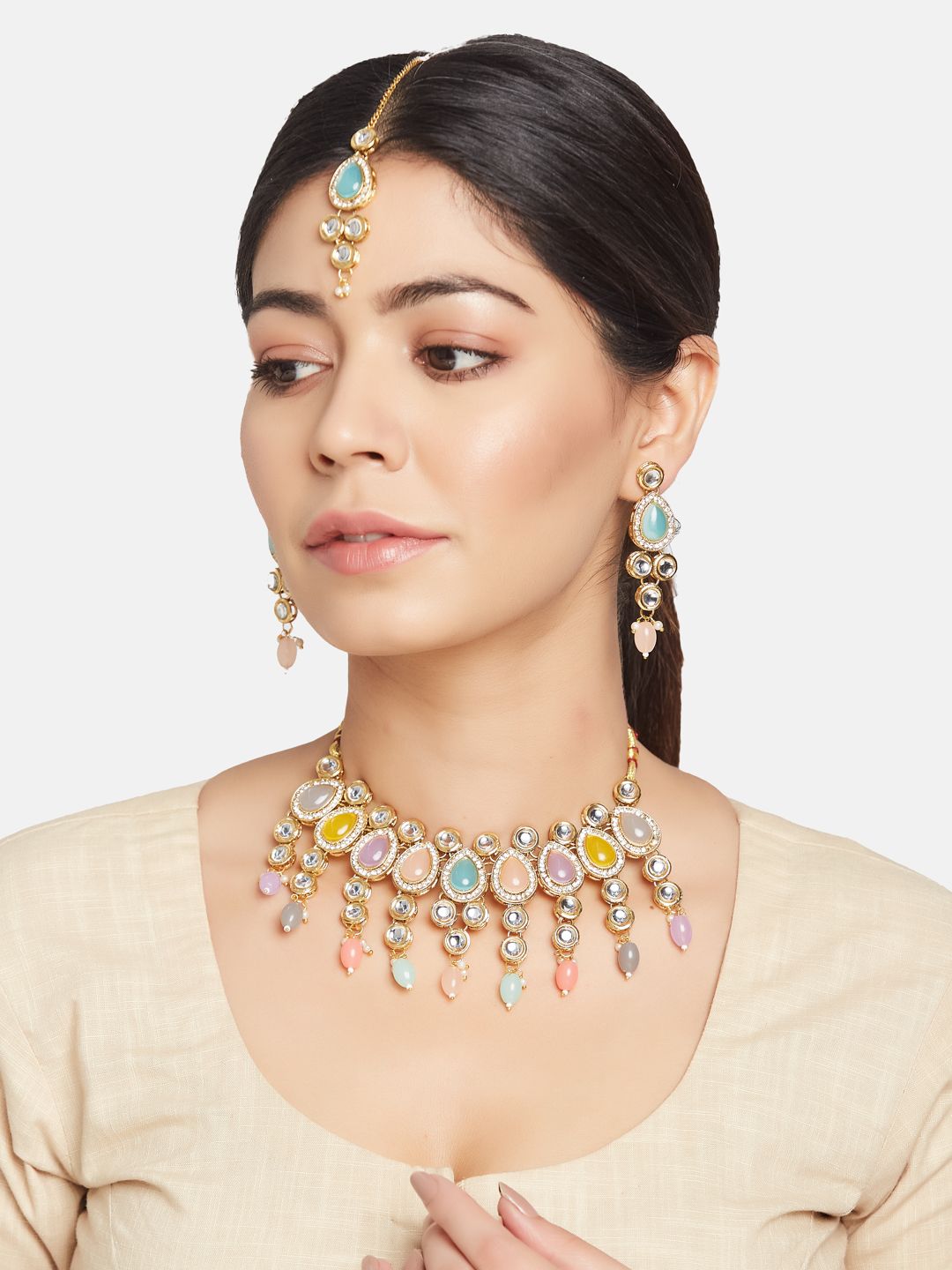 ATIBELLE Gold-Plated Kundan Studded & Beaded Jewellery Set