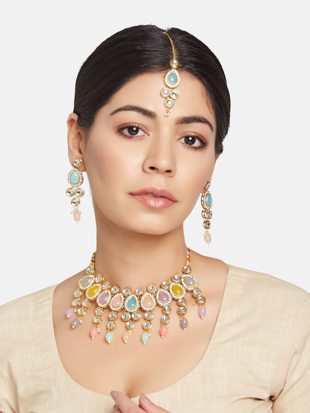 ATIBELLE Gold-Plated Kundan Studded & Beaded Jewellery Set
