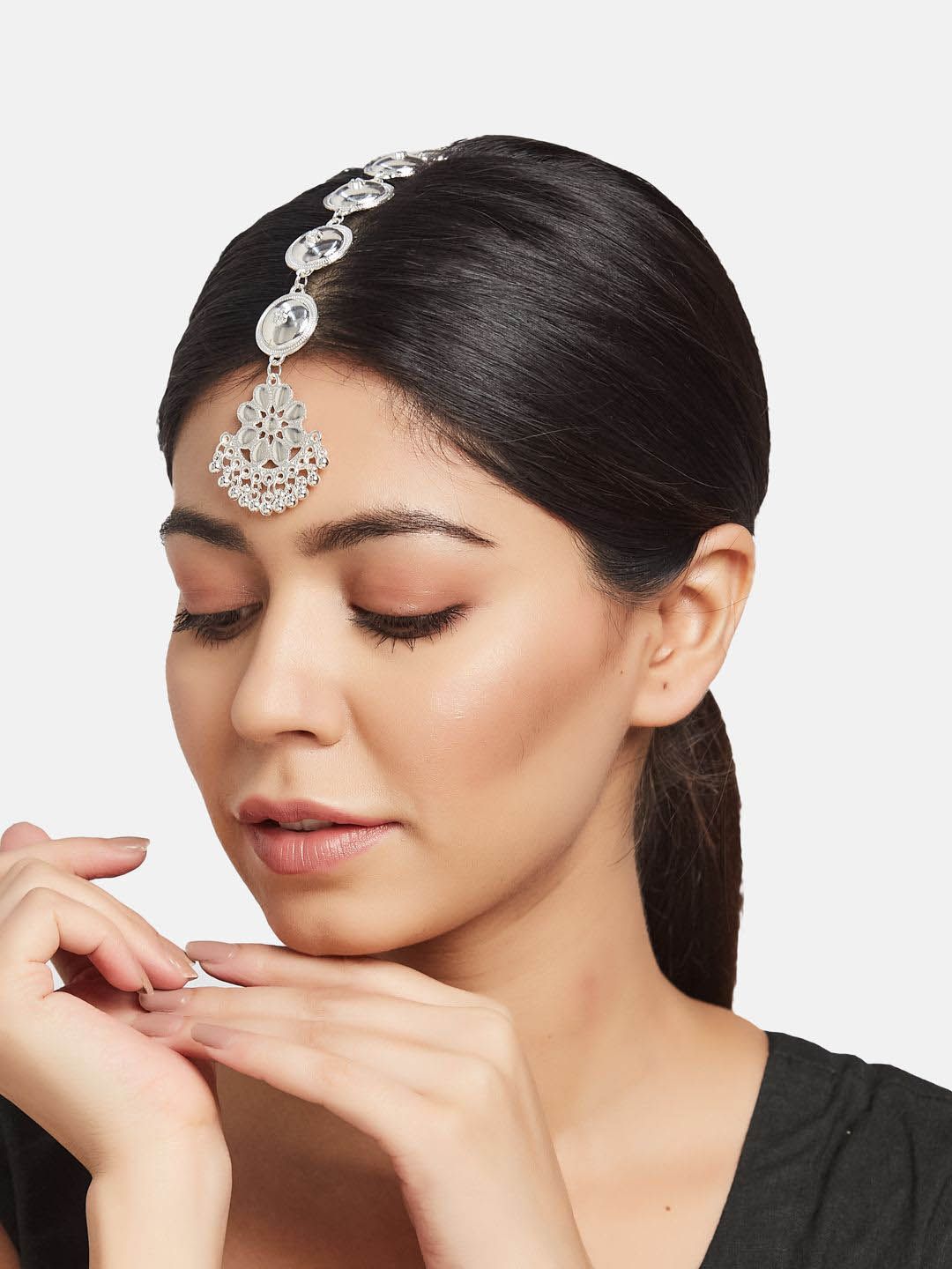 ATIBELLE Silver-Plated Stones and Beads Studded Maang Tikka
