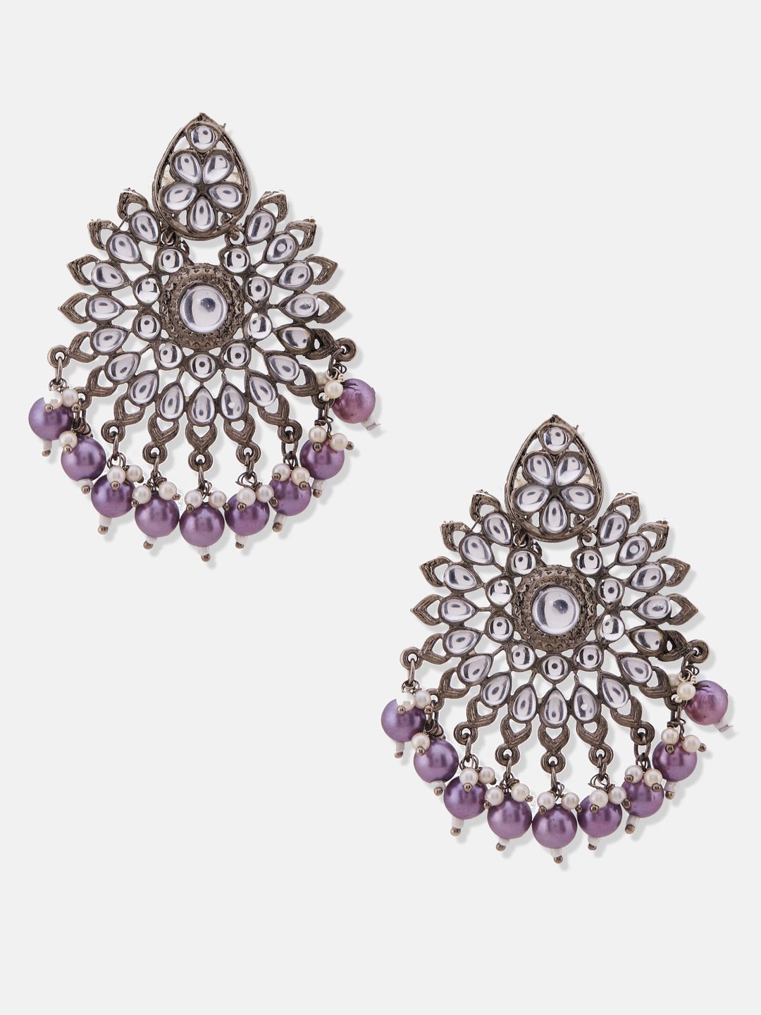 ATIBELLE Silver-Plated Kundan-Studded & Beaded Contemporary Chandbalis