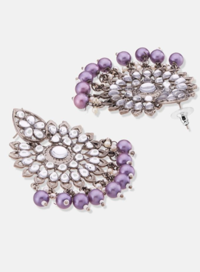 ATIBELLE Silver-Plated Kundan-Studded & Beaded Contemporary Chandbalis