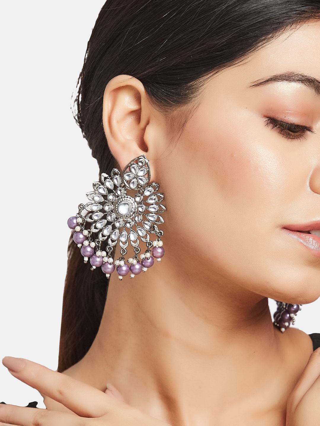 ATIBELLE Silver-Plated Kundan-Studded & Beaded Contemporary Chandbalis