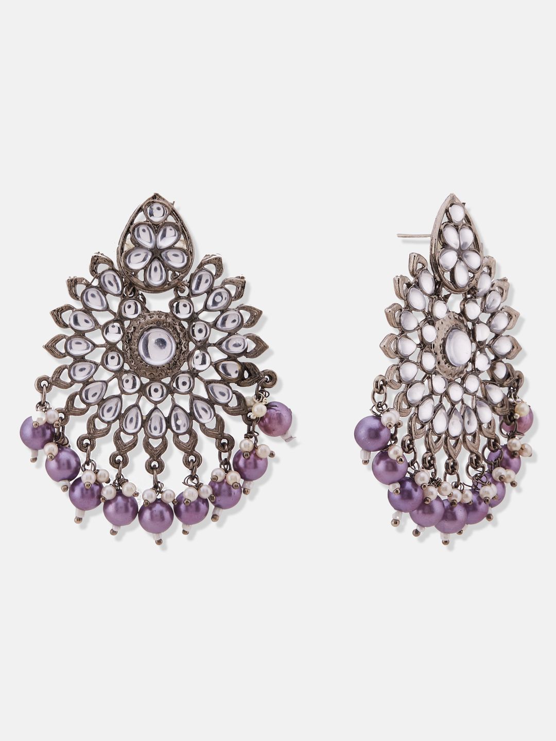 ATIBELLE Silver-Plated Kundan-Studded & Beaded Contemporary Chandbalis