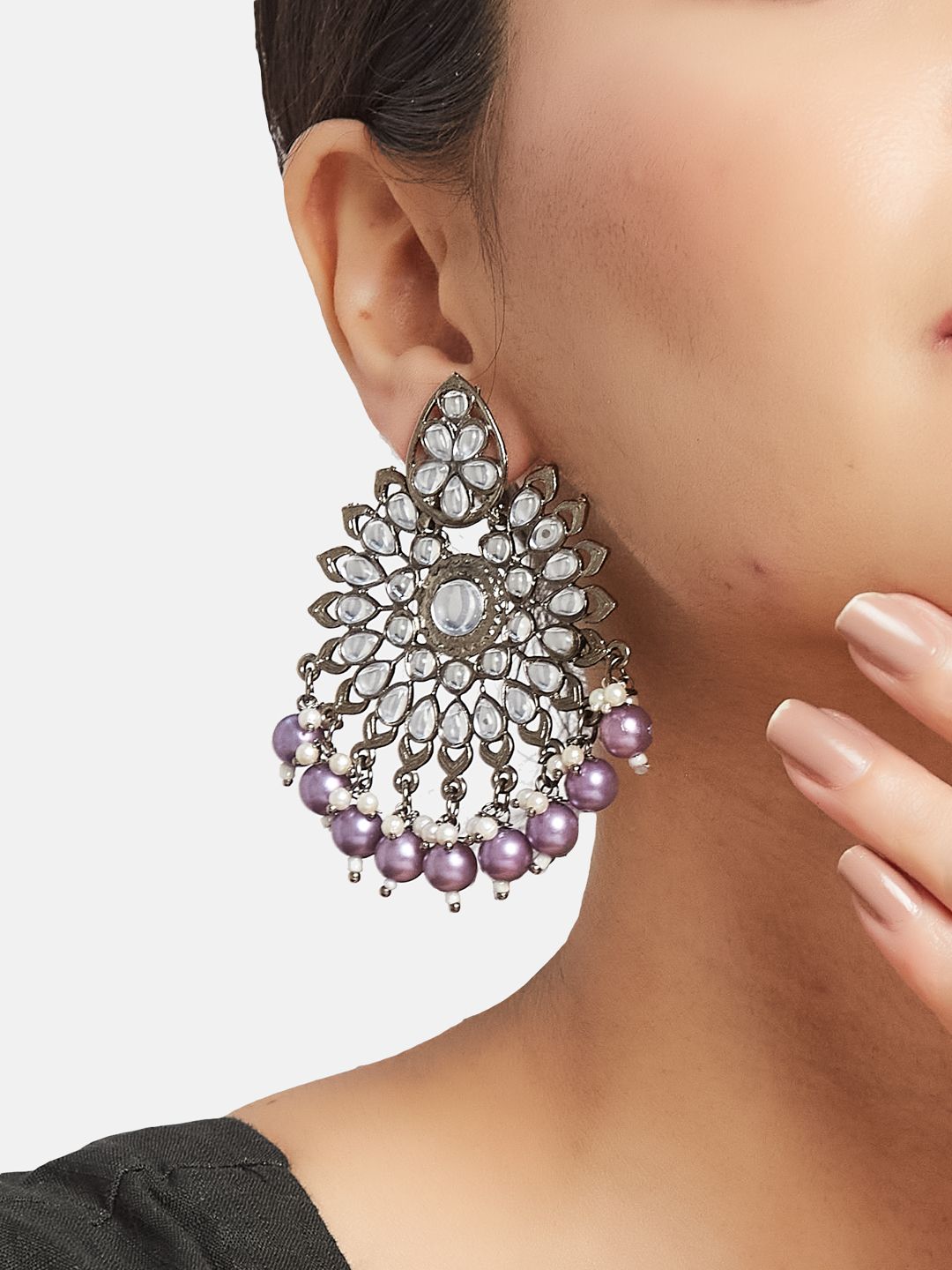 ATIBELLE Silver-Plated Kundan-Studded & Beaded Contemporary Chandbalis