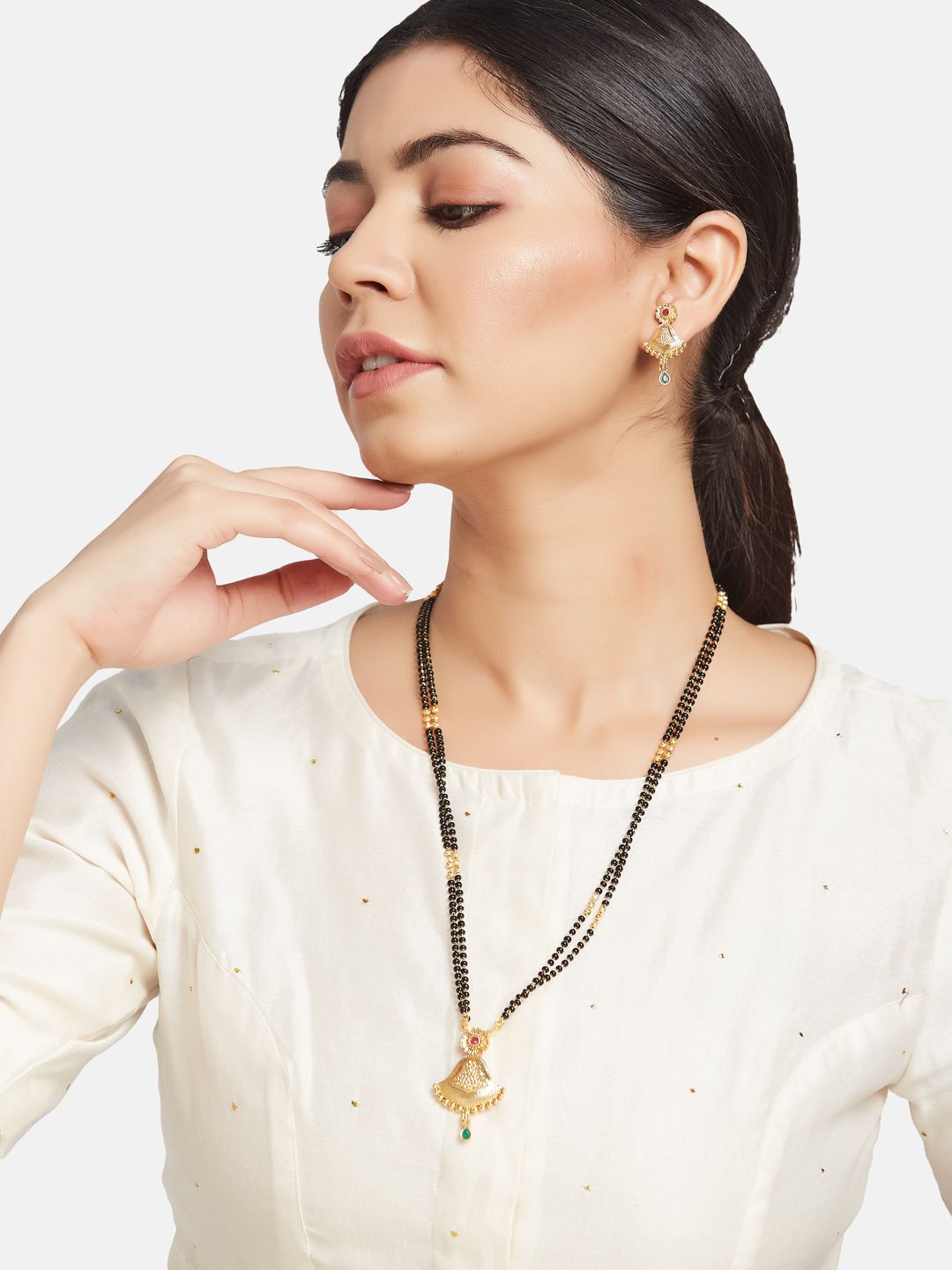 ATIBELLE Women Gold-Plated Artificial Stones and Beads Mangalsutra