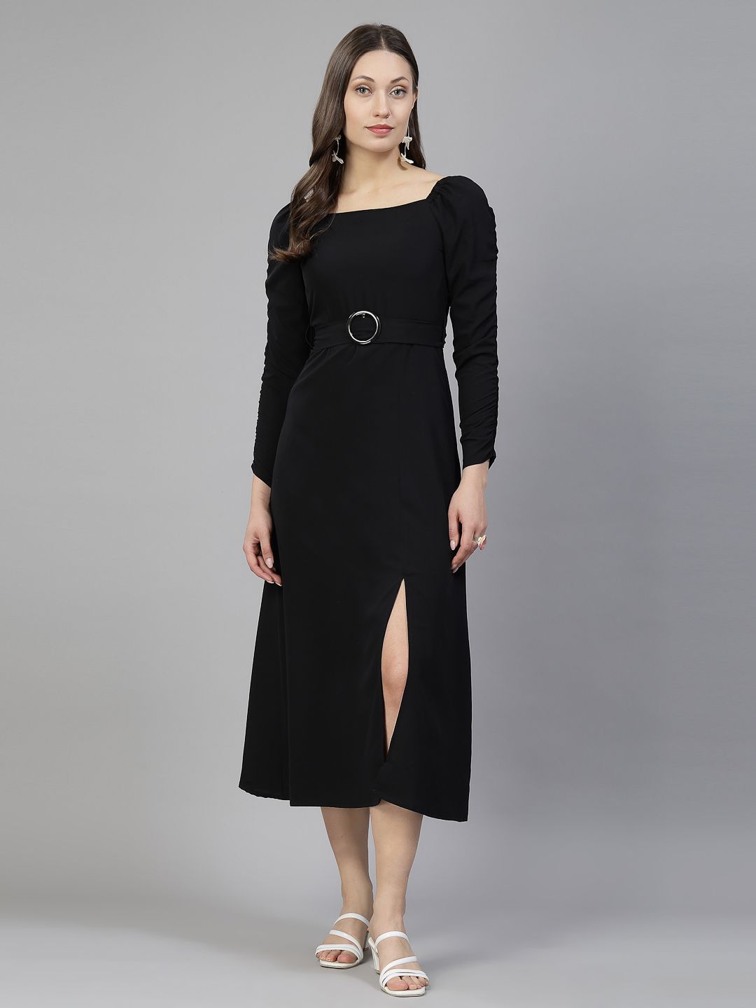 aayu Square Neck Puff Sleeves Crepe A-Line Midi Dress-picture-10