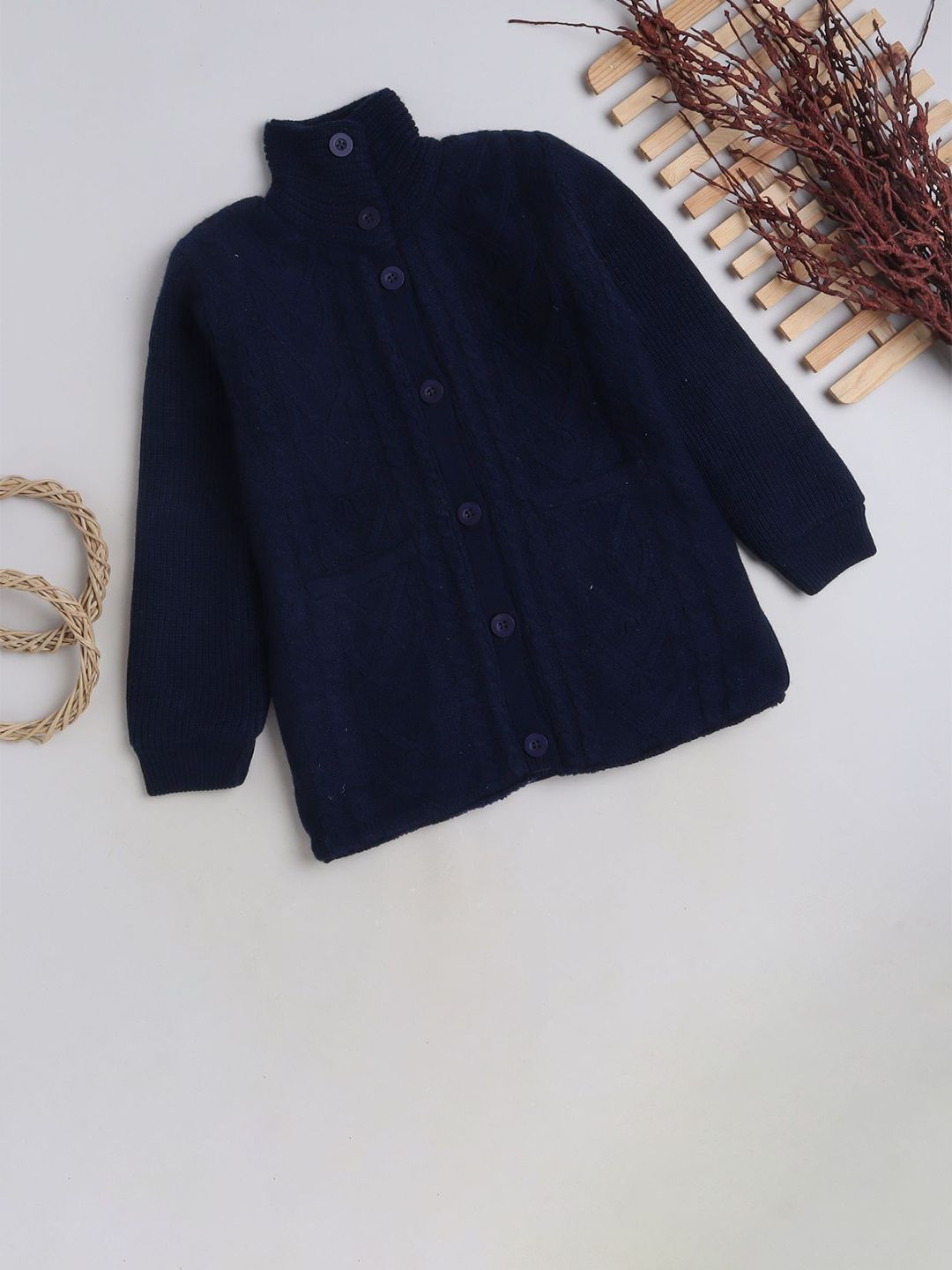 Yellow Apple Girls Self Design Turtle Neck Cable Knit Cardigan-image-23