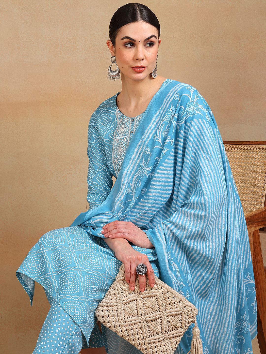 KALINI Bandhani Printed Regular Mirror Work Kurta With Trousers & Dupatta-picture-33