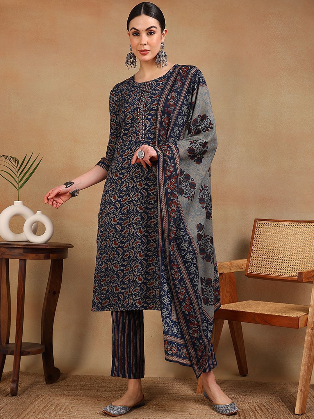 KALINI Floral Printed Thread Work Straight Kurta With Trousers & Dupatta-picture-30