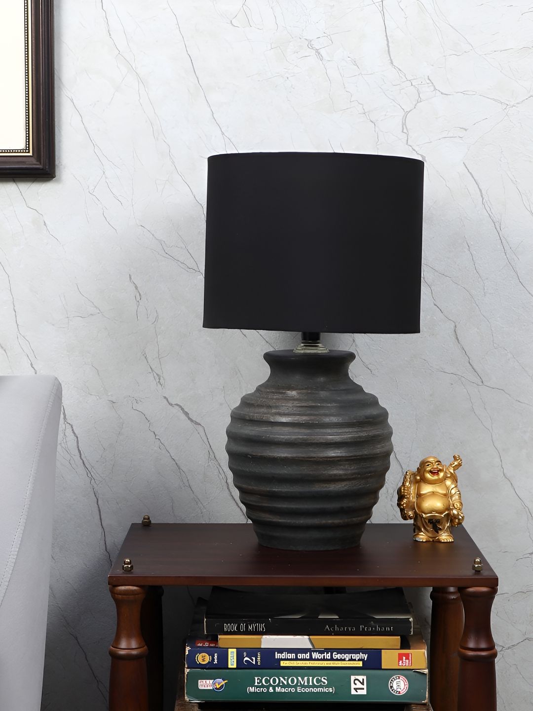 TU CASA Grey & Black Cylinder Shaped Wooden Table Lamp-picture-13