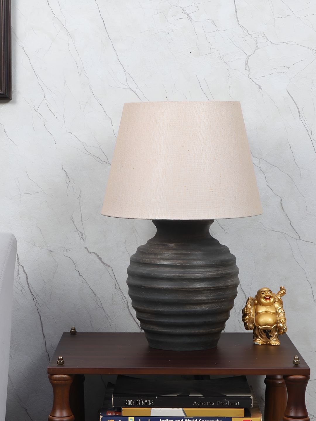 TU CASA Grey & Beige Wooded Frustum Shaped Table Lamp-picture-38