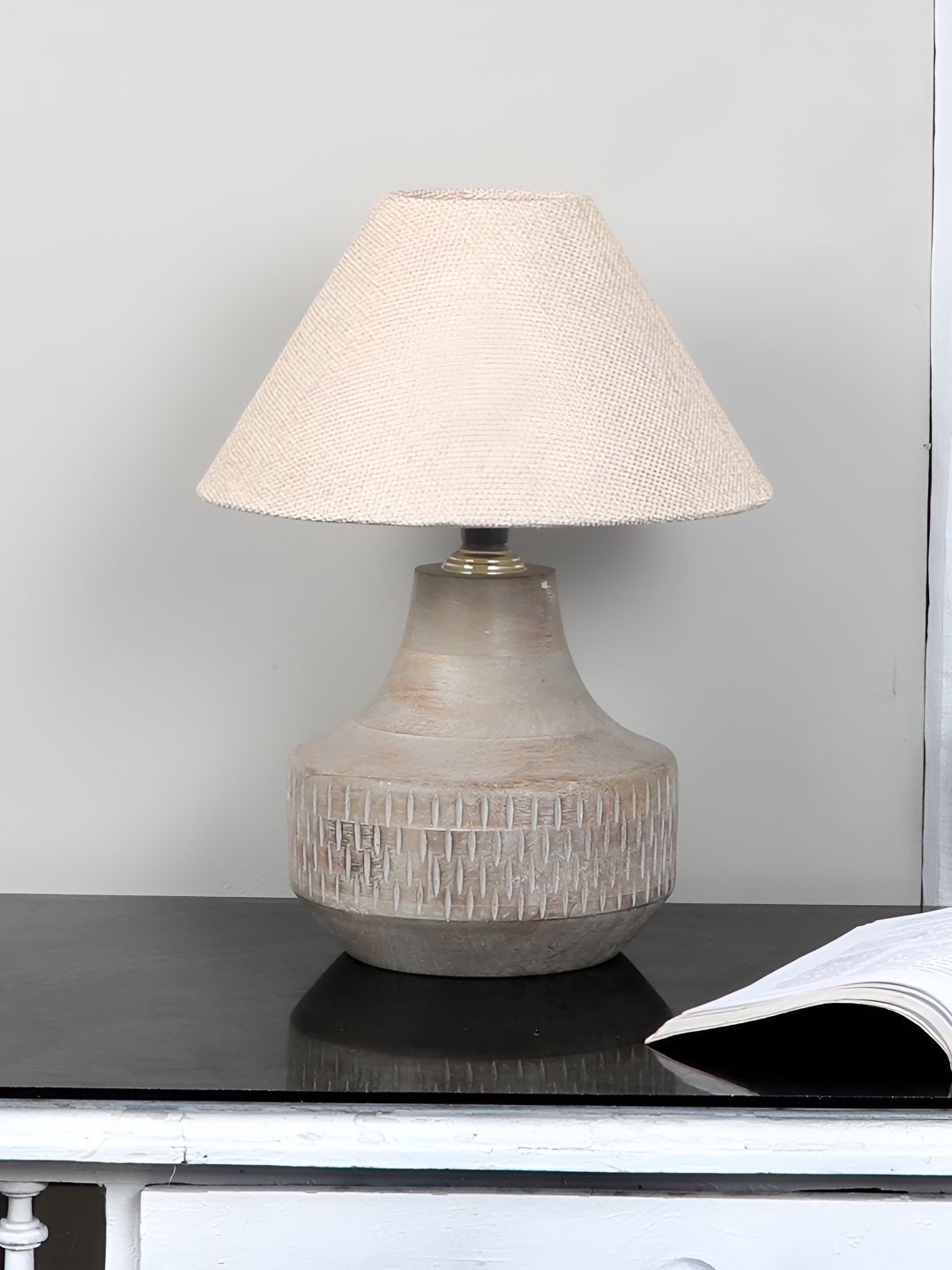 TU CASA Off White & Grey Textured Wooden Frustum Shaped Table Lamp-picture-13