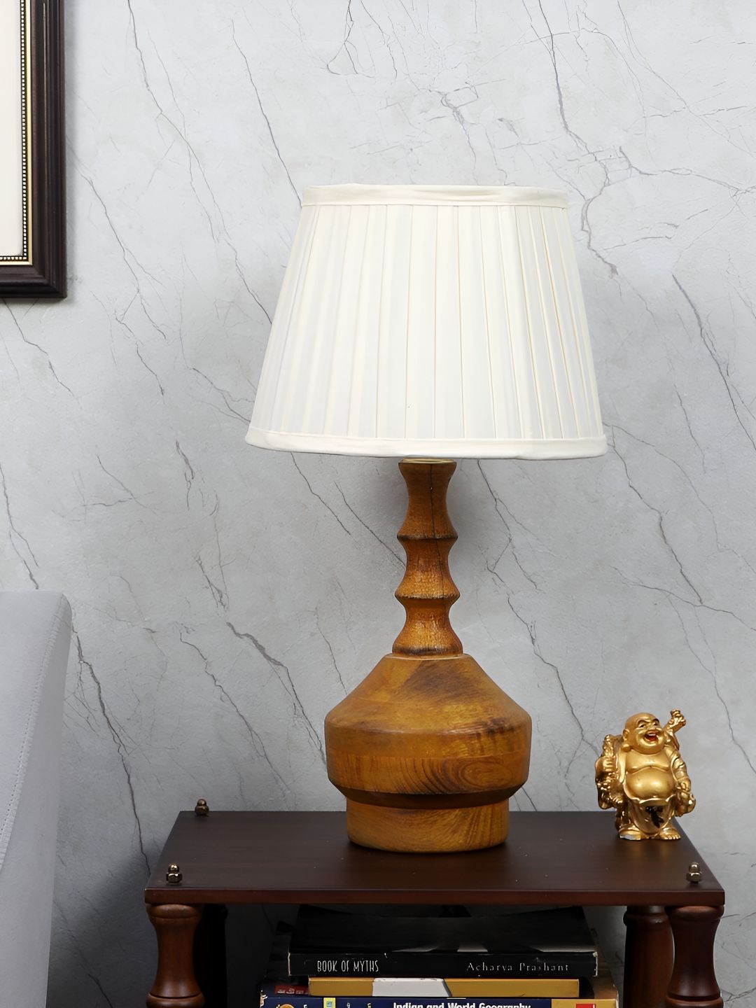 TU CASA Tan & White Textured Wooden Frustum Shaped Table Lamp-image-37