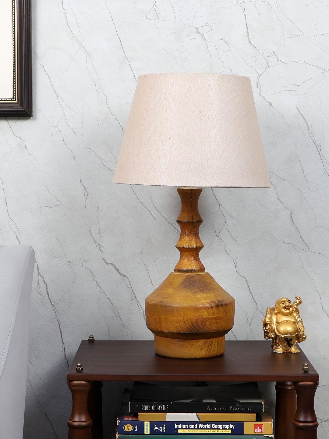 TU CASA Tan & White Wooden Frustum Shaped Table Lamp-image-36