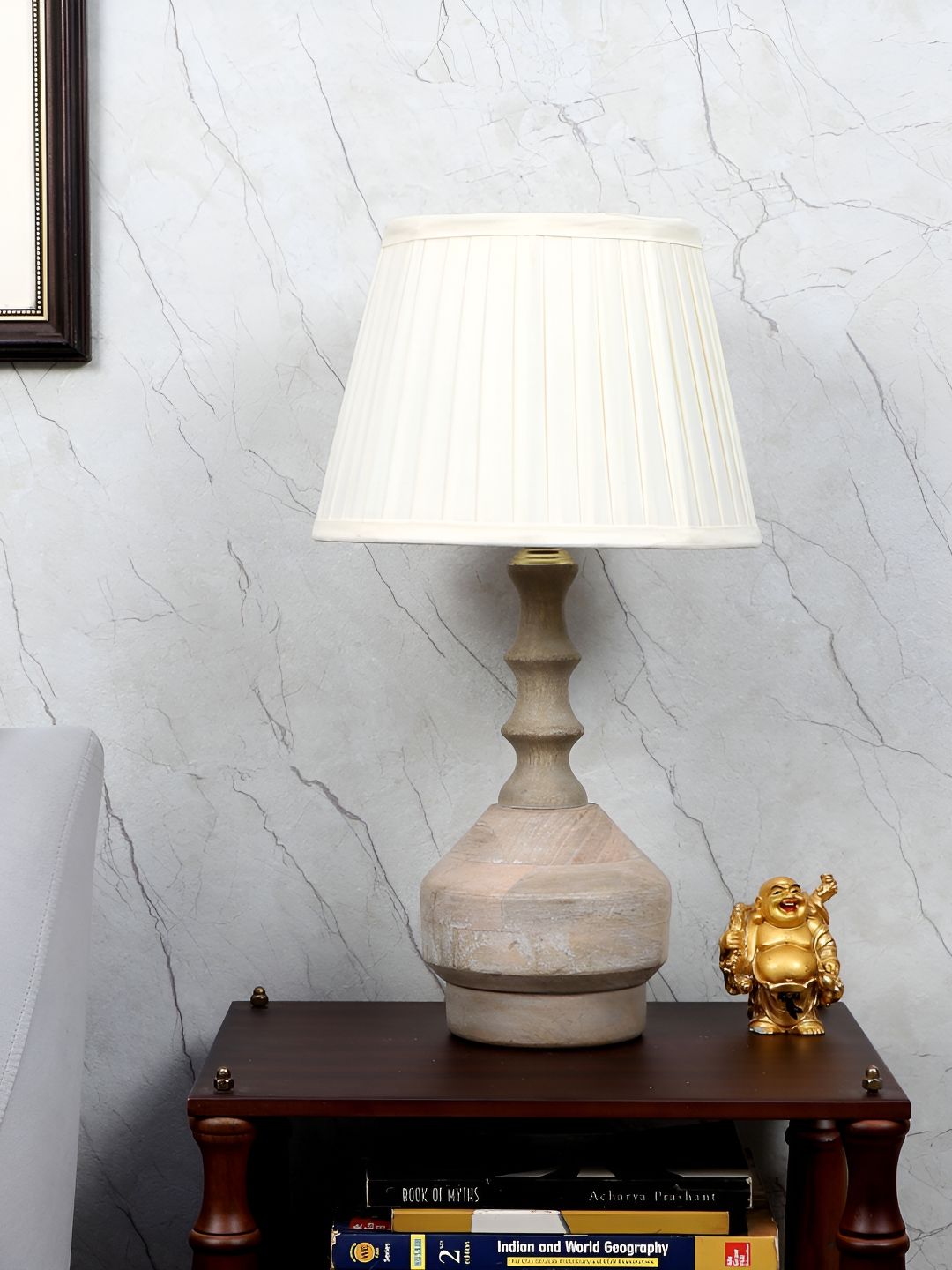 TU CASA Beige & White Textured Wood Frusturical Shaped Table Lamp-image-35