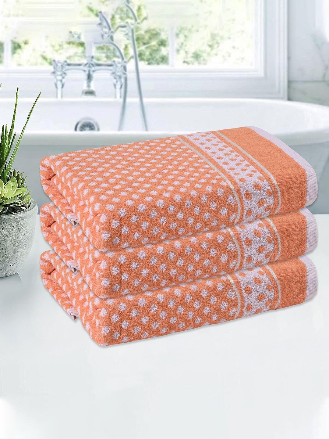 Kuber Industries Orange & White 3 Pieces Printed Cotton 144 GSM Bath Towels-picture-43