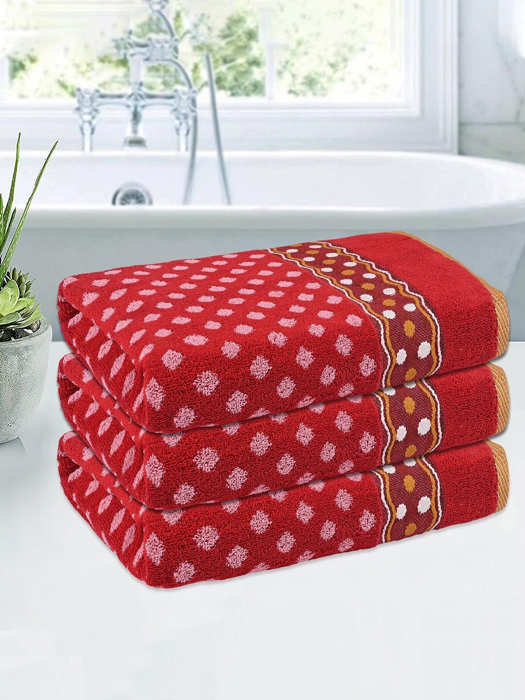 Kuber Industries Red & White 3 Pieces Printed Cotton 150 GSM Bath Towel-picture-38