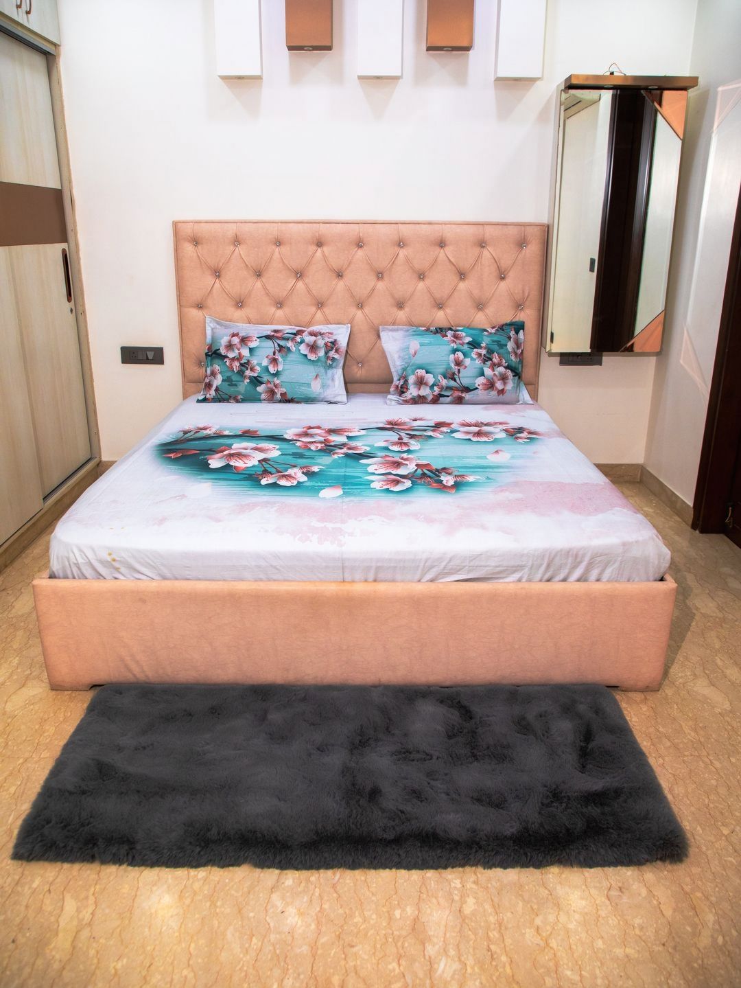 STUDIOHMK Teal & White Cotton Floral 300 TC King Bedsheet with 2 Pillow Covers-image-40