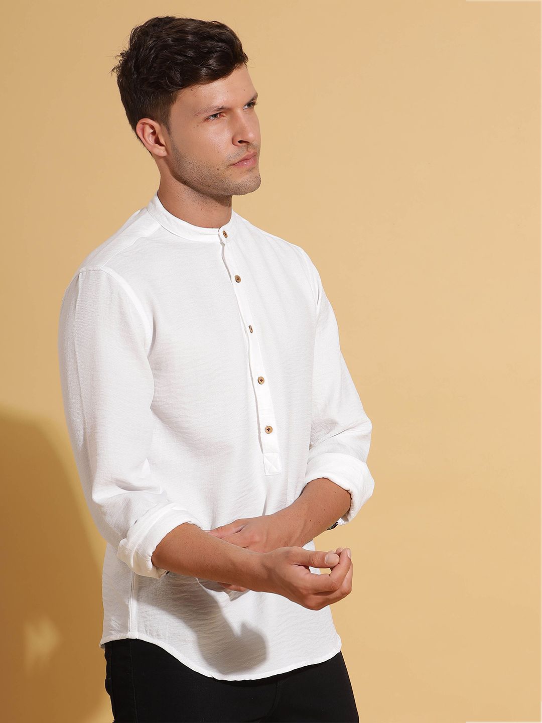 HERE&NOW White Band Collar Long Sleeves Short Kurta-picture-12
