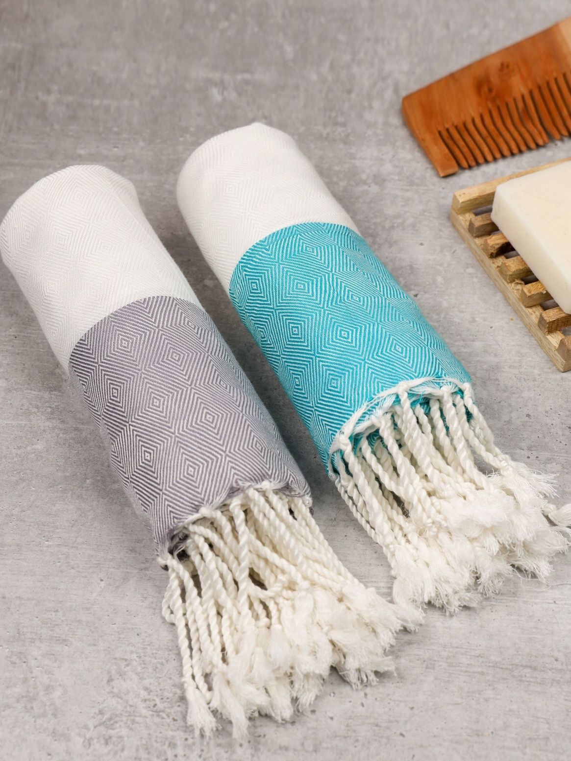 ZAHYA Grey & Green Pack of 2 100% Pure Bamboo Bath Towel Set-image-27