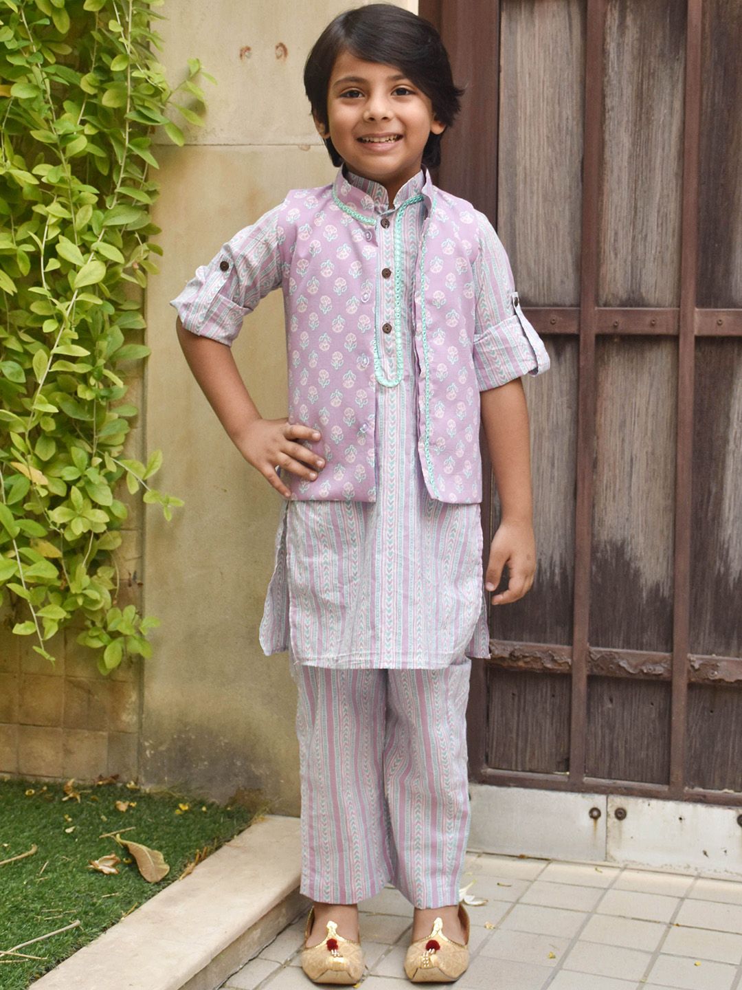 Fayon Kids Boys Floral Printed Regular Pure Cotton Kurta with Trousers-picture-45