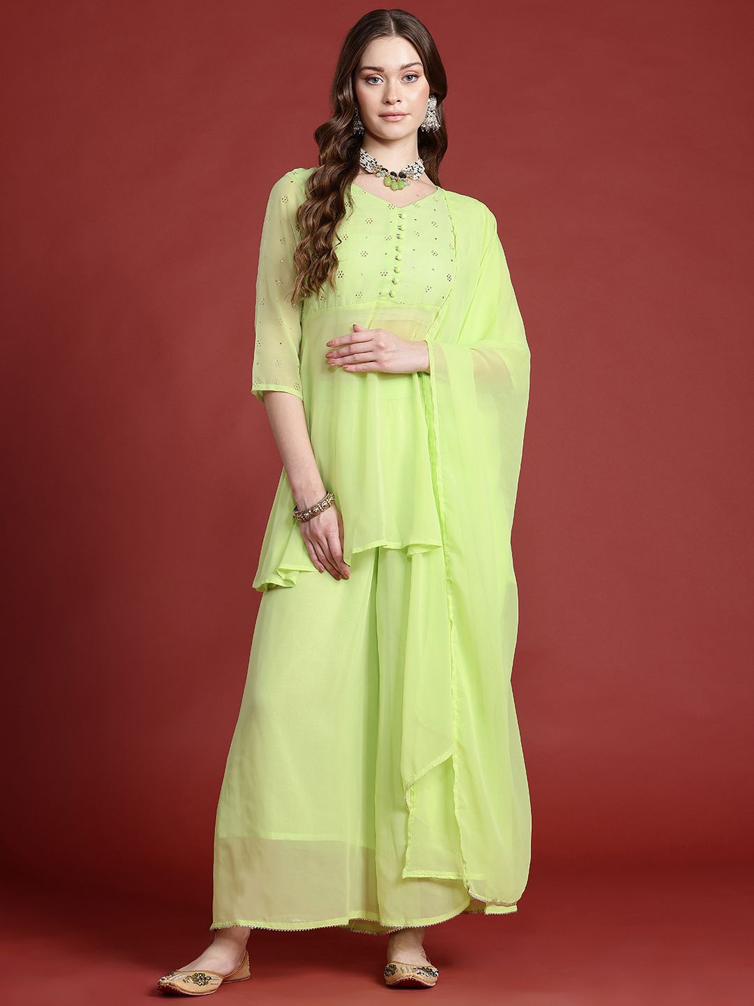 Anouk Semi-Sheer A-Line Kurti With Palazzos & Dupatta