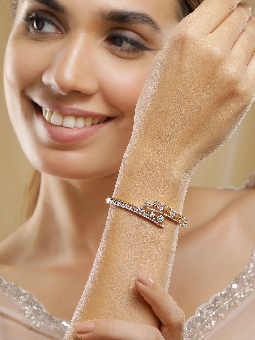 Rubans 22KT Gold-Plated Cubic Zirconia Studded Bangle-Style Bracelet-picture-33
