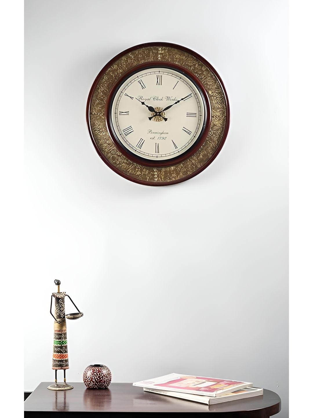 vedas C-Idika Heritage Brown & Cream Coloured Textured Wooden & Brass Wall Clock With Dial-picture-44