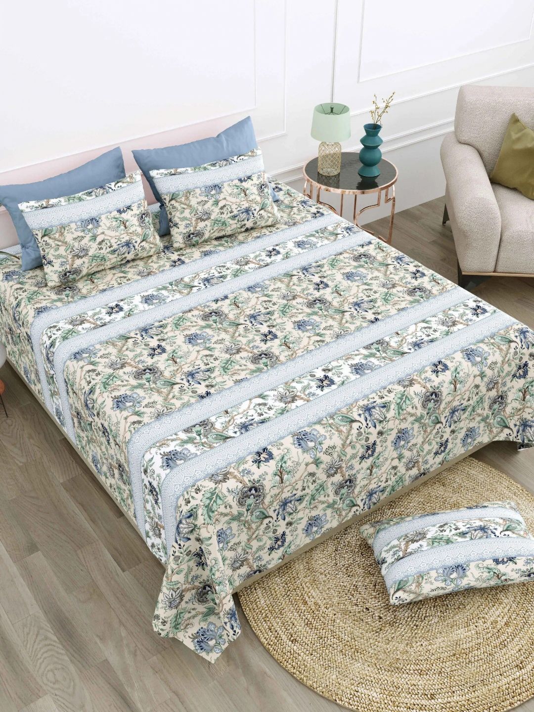 LIVING ROOTS White & Blue Floral 210 TC King Bedsheet with 2 Pillow Covers-image-28