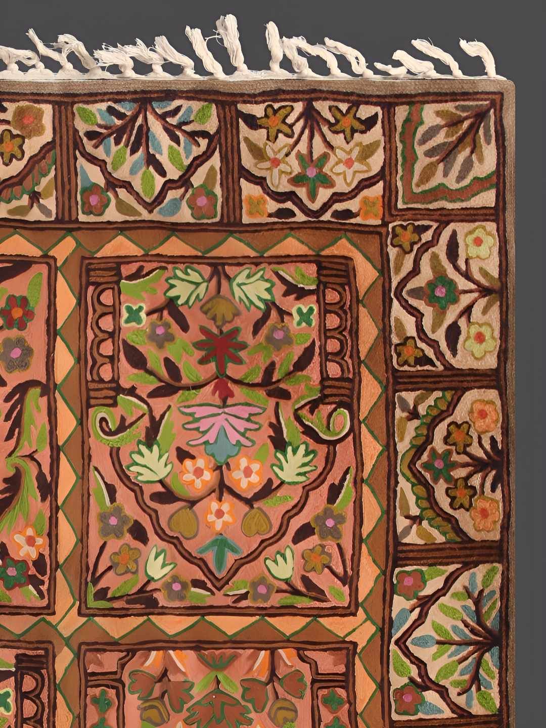 Exotic India Brown & Beige Floral Printed Cotton With Wool Rug With Tassels-image-2