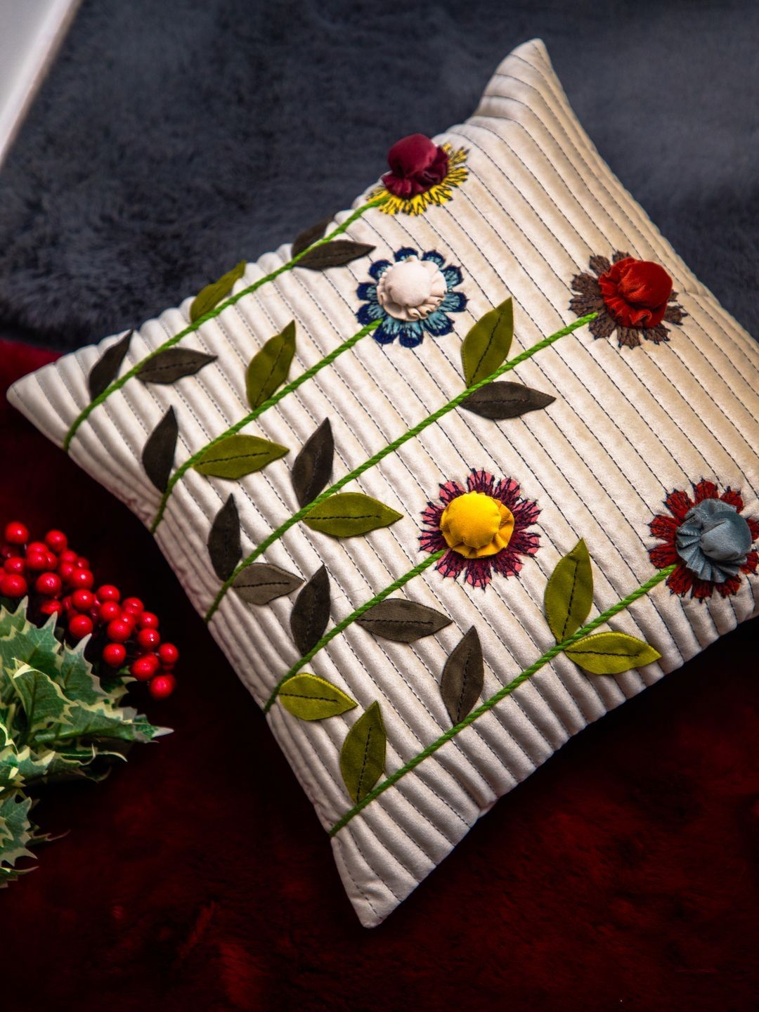 STUDIOHMK Off White & Green Floral Velvet Square Cushion Covers-image-31