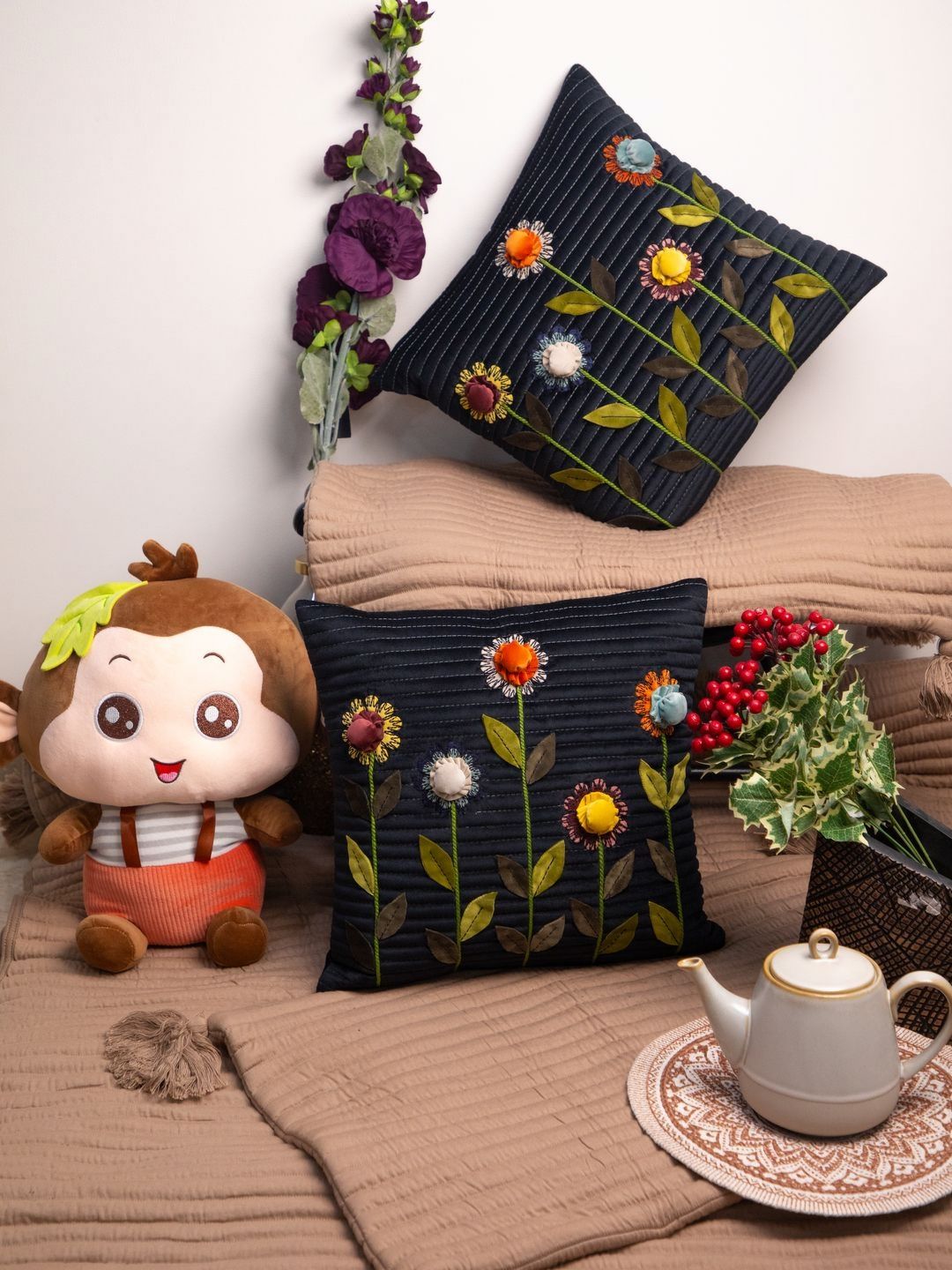 STUDIOHMK Black & Green Floral Velvet Square Cushion Covers-image-29