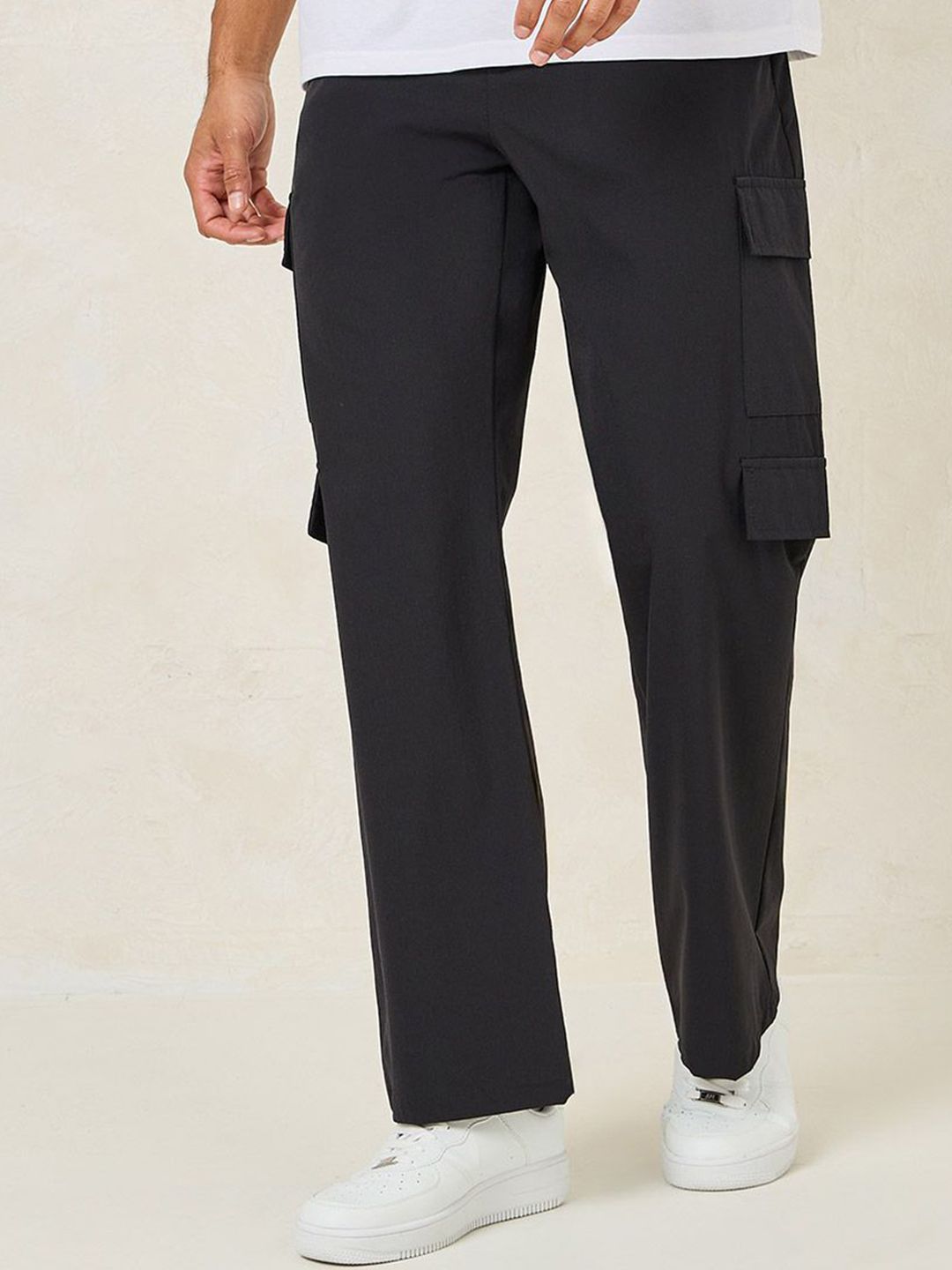 Styli Men Solid Relaxed Fit Mid-Rise Plain Cargos Trousers-picture-16