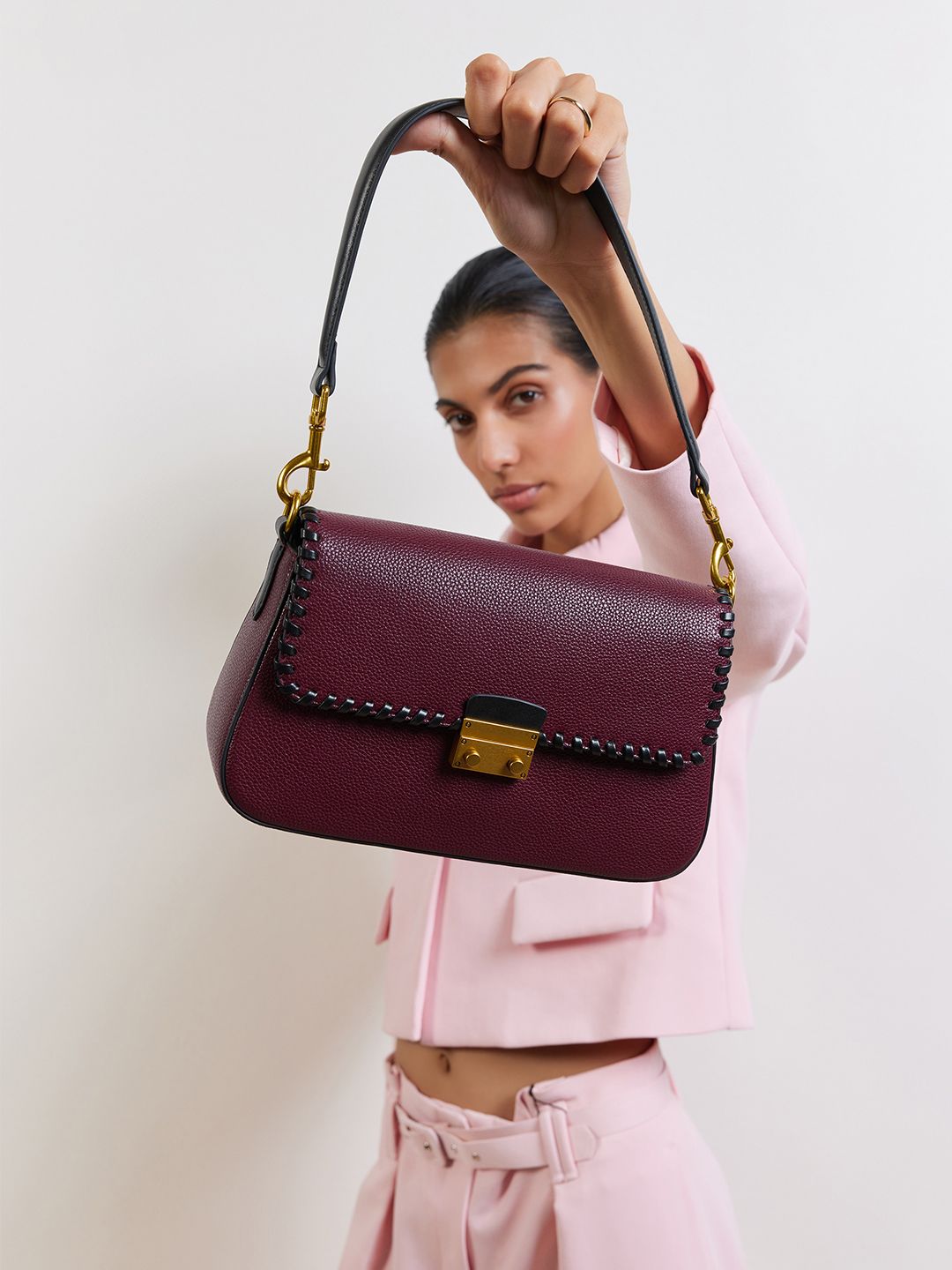 MIRAGGIO Sarah Wine Structured Shoulder Bag with Detachable Sling Strap-image-47