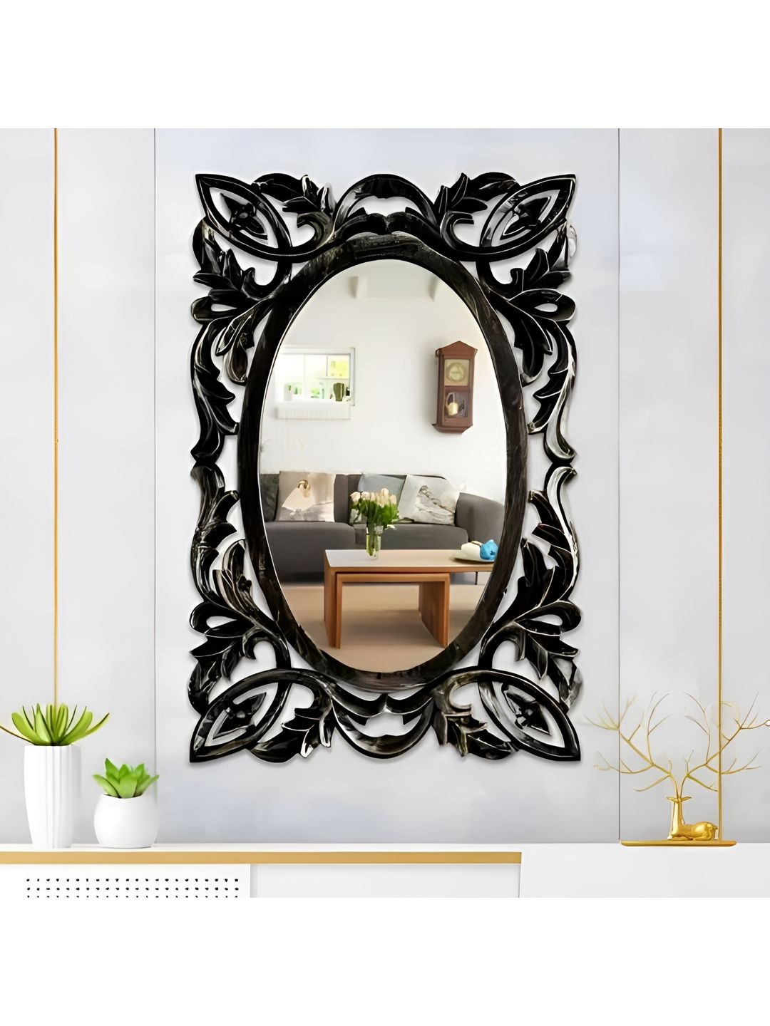 VAS collection home Black Floral Patterned Wooden Wall Mirror-picture-40