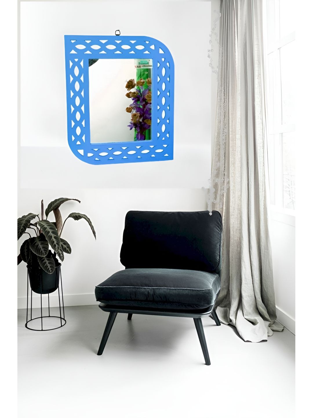 VAS collection home Blue Wall Self Design MDF Mirror Frame-picture-36