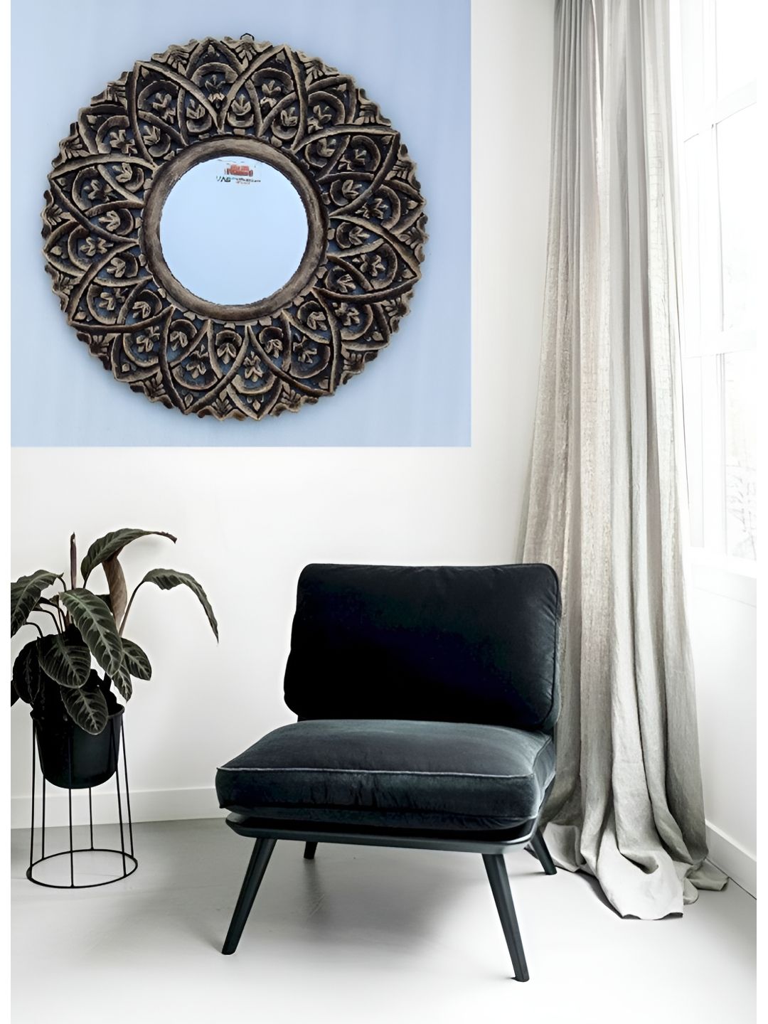 VAS collection home Ethnic Motifs Black & Brown Self Design Wooden Decotaive Frame Mirror-image-36