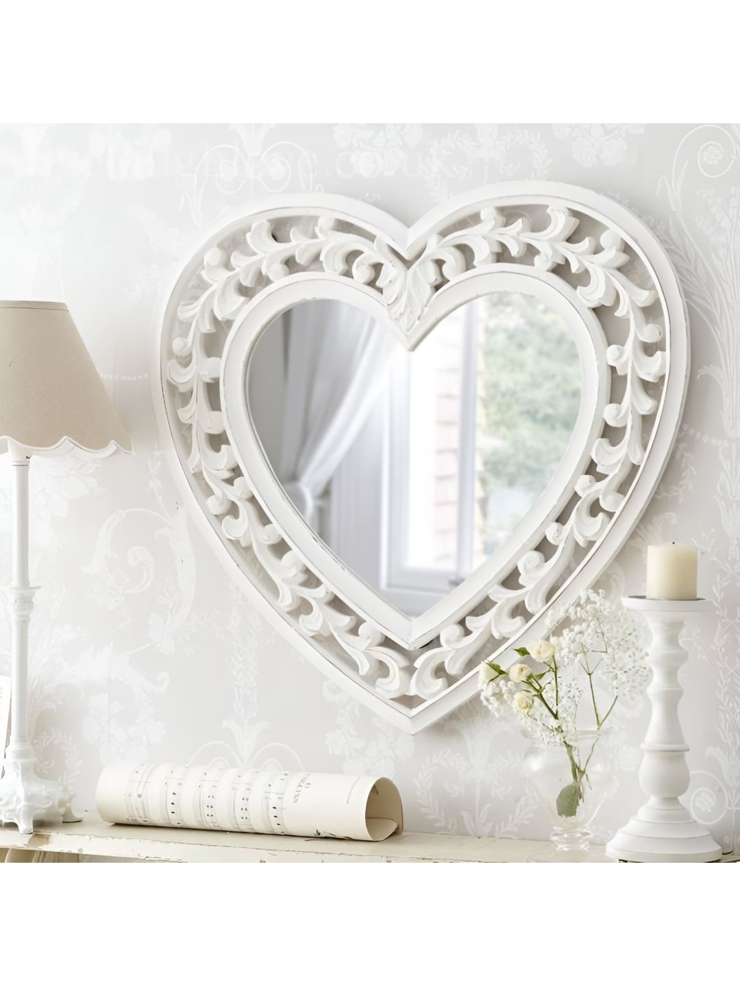 VAS collection home Ethnic Motifs White Self Design Wooden Wall Mirror-picture-46