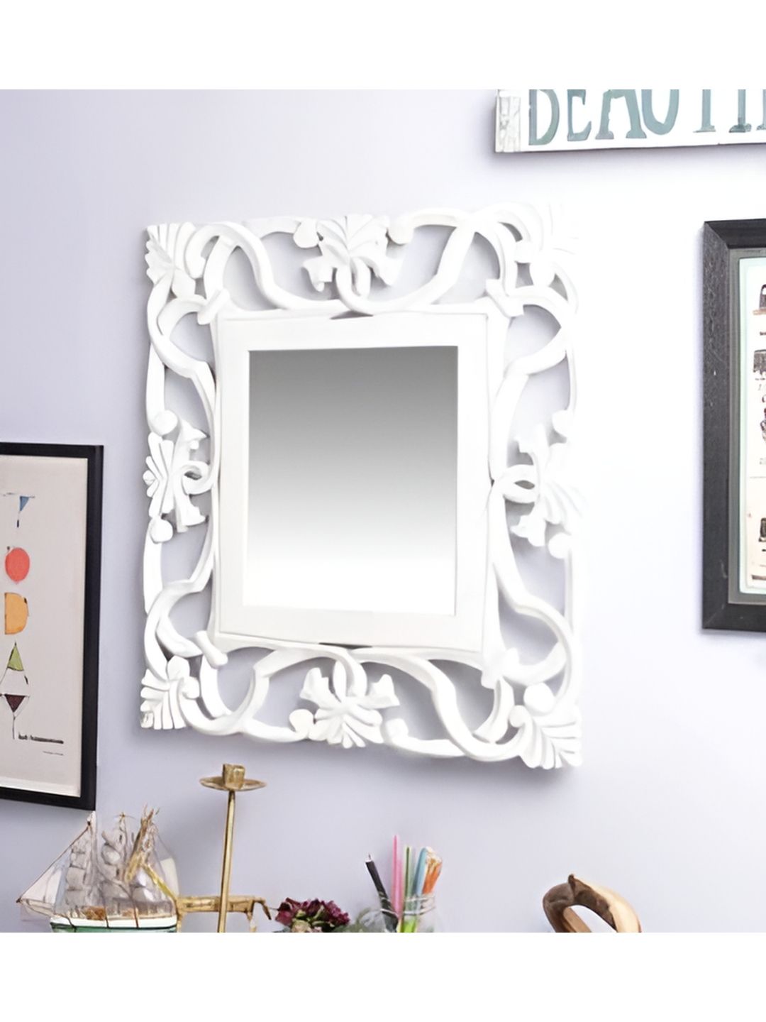 VAS collection home White Floral Patterned Wooden Wall Mirror-image-15