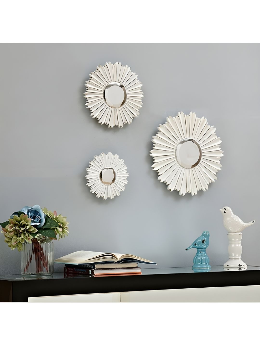 VAS collection home Set Of 3 White Self Design Round Wall Mirror-picture-24
