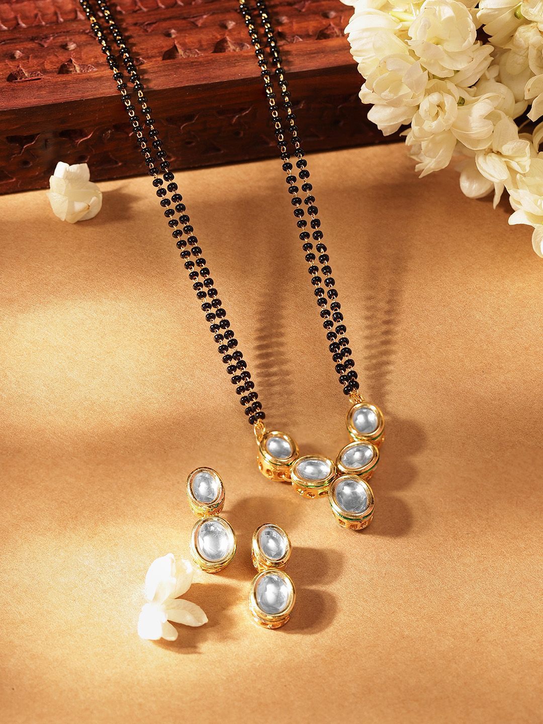Priyaasi Gold-Plated Kundan Stone Studded & Beaded Mangalsutra With Earrings-picture-16