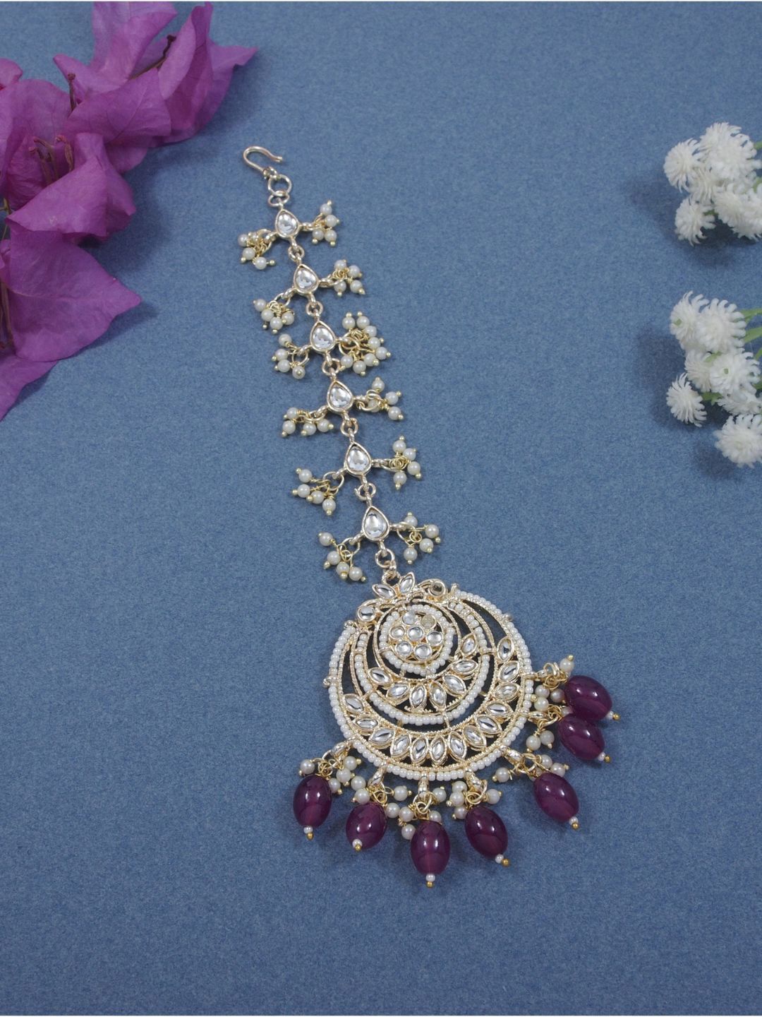 I Jewels Gold Plated Traditional Kundan Handcrafted Maang Tikka-picture-11